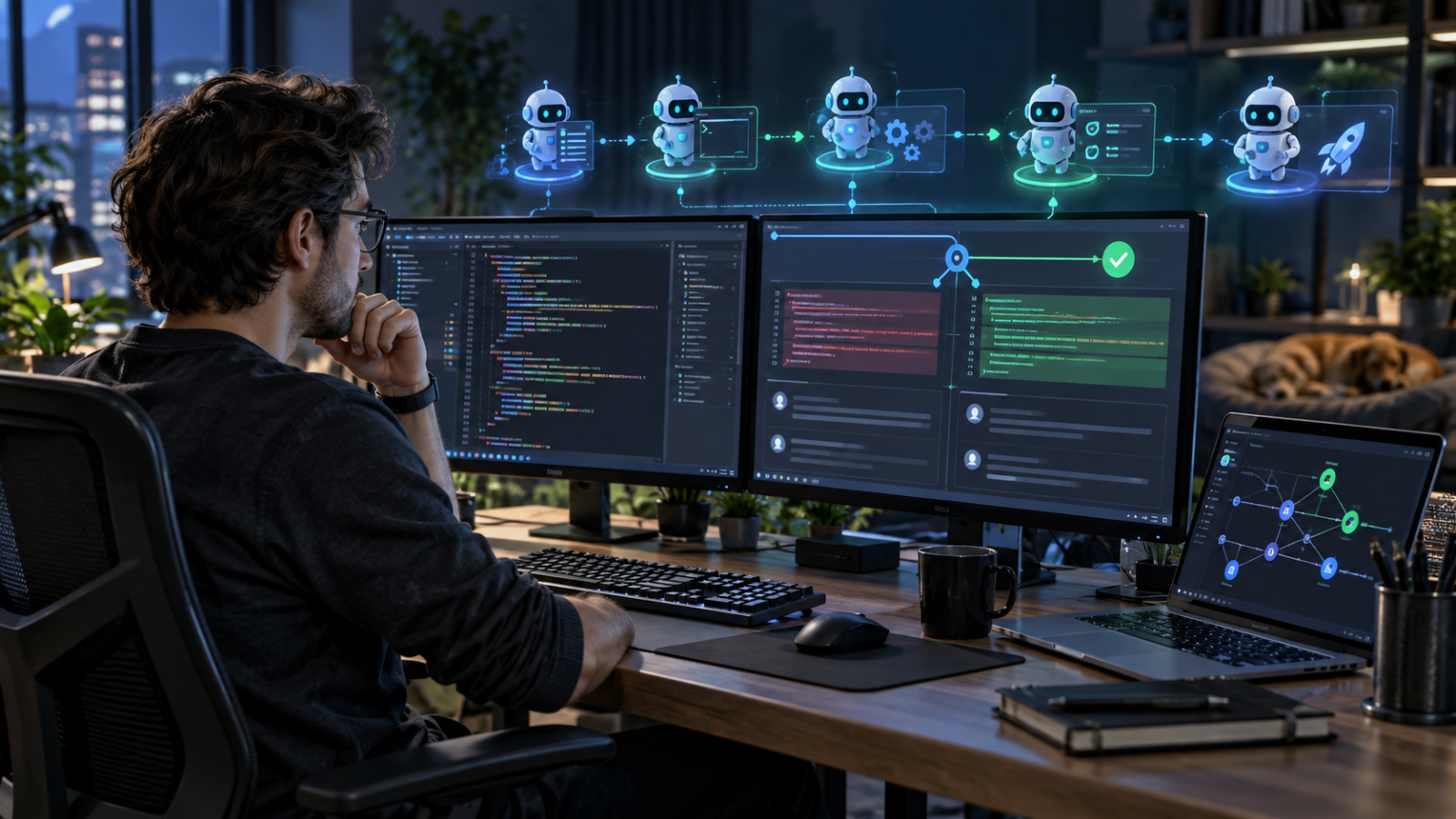 Desarrollador revisa código y agentes de software
