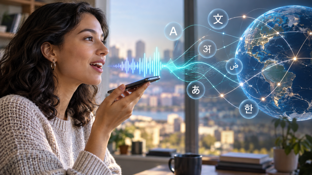 Persona interactúa con inteligencia artificial y redes de idiomas