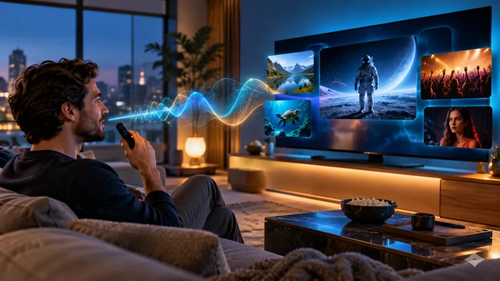 Ilustración editorial sobre Apple TV 4K incorpora Siri AI al entretenimiento