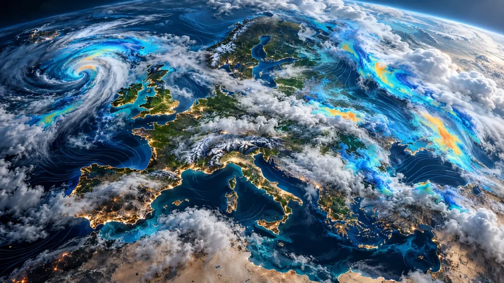 Ilustración editorial sobre Earth-2 impulsa nuevos proyectos meteorológicos en Europa